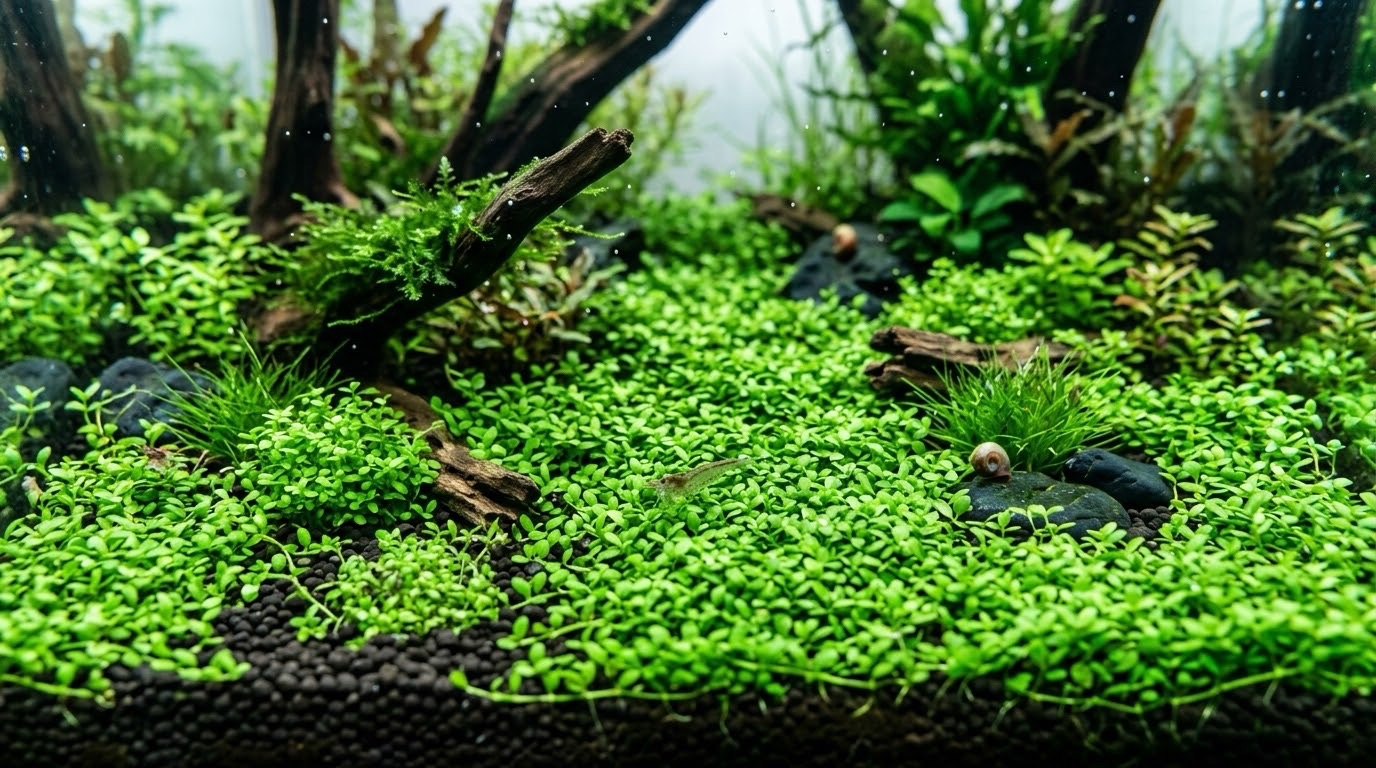 Dwarf baby tears forest floor with emergent driftwood