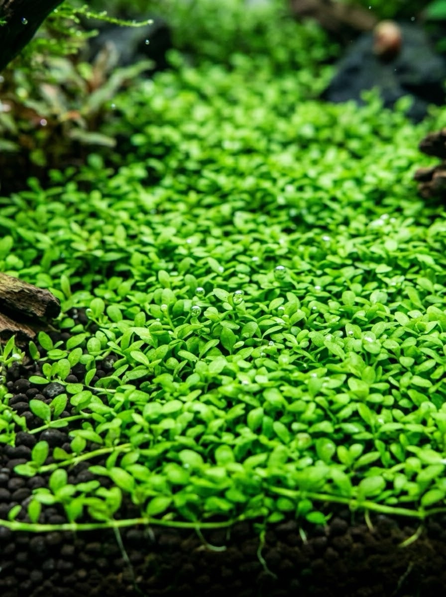 Carpet plant macro detail with pearling bubbles