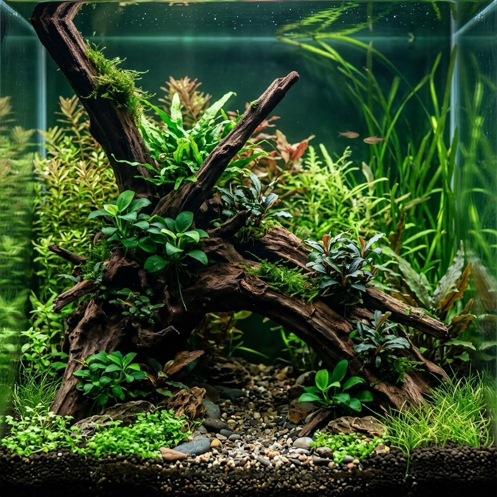 Nano cube tank with driftwood arch, anubias, and ground cover