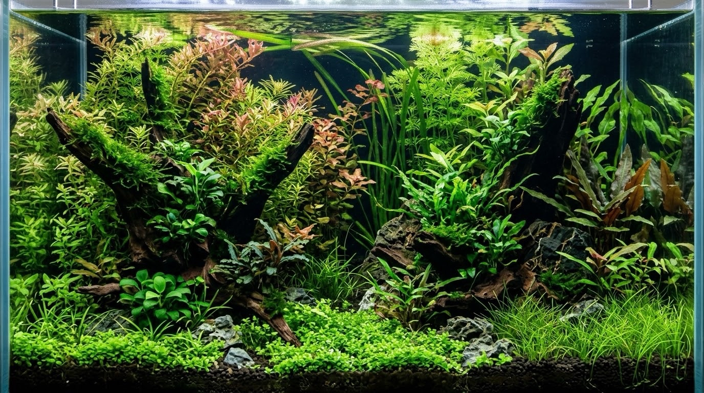 Wide planted tank with mixed stems, driftwood, and foreground carpet
