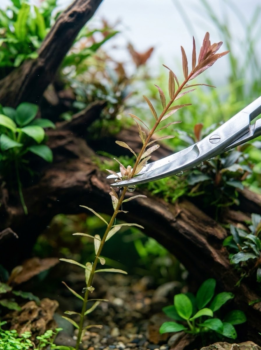 Trimming a stem plant with curved aquascape scissors